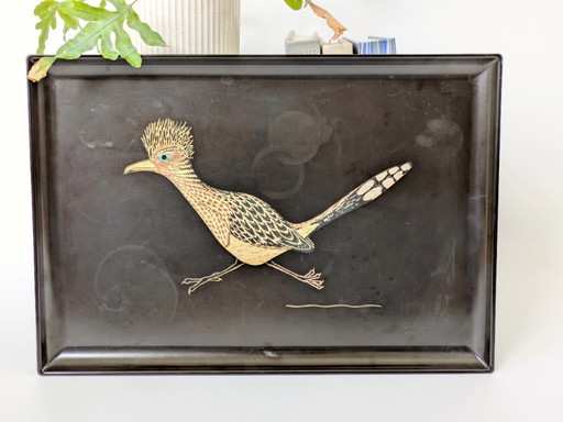 Large Mid-Century Couroc of Monterey Tray | Roadrunner Inlay | Black Phenolic Resin