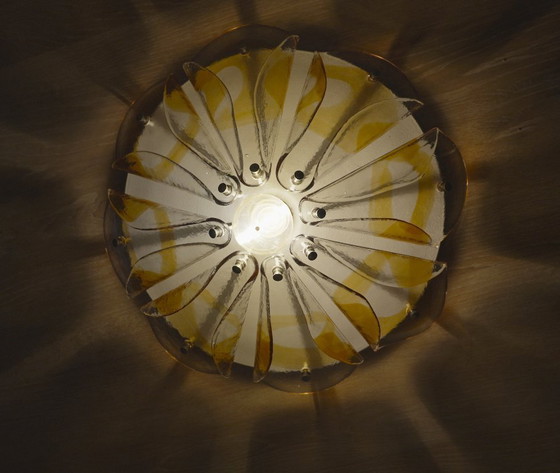 Image 1 of 1970s Amber Glass Petal Ceiling Light, Murano Style Flush Mount, Vintage Hand-Blown Mid Century MCM Lamp