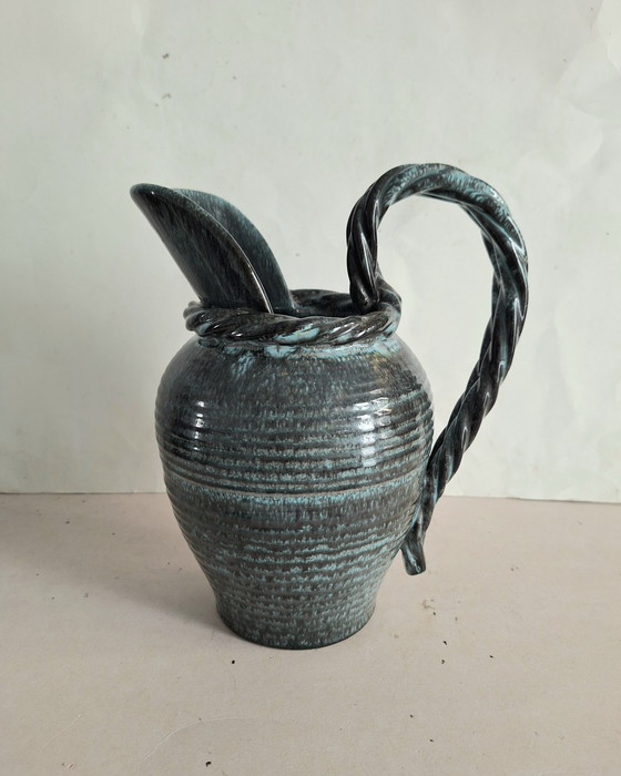 Image 1 of Alexandre de Wemmel ceramics, Heffen, Belgium. Green handmade jug with a twisted handle, 1950s.