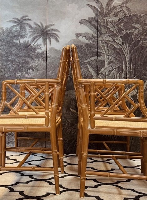 Chippendale Faux Bamboo Webbing Chairs Jonathan Adler Hollywood Regency