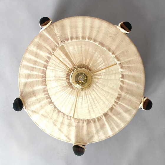 Image 1 of Nautical style Scandinavian wood and linen lampshade hanging lamp vintage