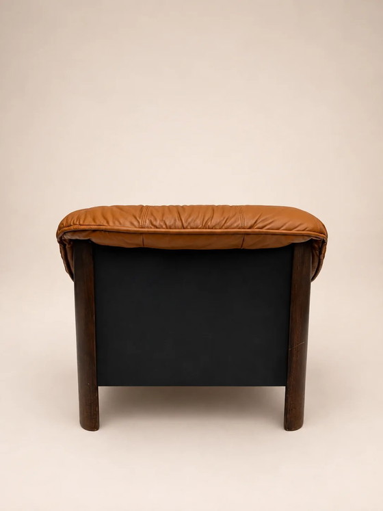 Vintage brutalistische loungestoel – Fauteuils, Leather, Wood, Mid Century Modern (photo 4 of 9)