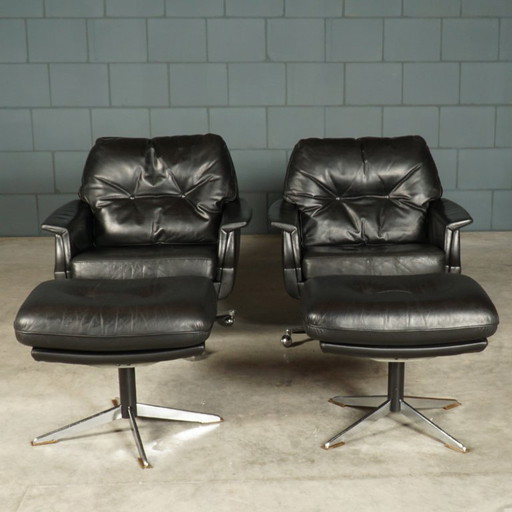 Set of vintage leather swivel chairs with footstool - 1970s