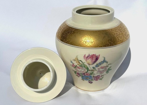 Vaso anfora in porcellana con coperchio Rosenthal, doratura e fiori dipinti, Vasi, Crema, Klassiek (foto 5 di 7)