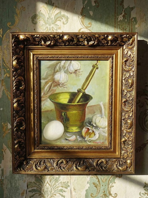 Still life with garlic, egg and mortar, signed Sarpe, 1979, oil on canvas