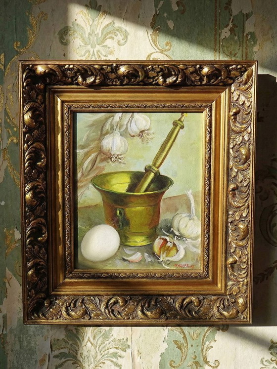Image 1 of Still life with garlic, egg and mortar, signed Sarpe, 1979, oil on canvas