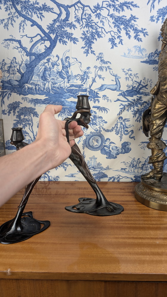 Image 1 of Ein Paar MoMa-Kandelaber aus Bronze mit Nymphen im Jugendstil Vintage 1988