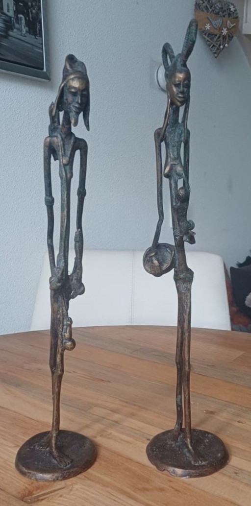 Prachtige set vintage Afrikaanse bronzen beelden – Giacometti-stijl – beeldhouwkunst