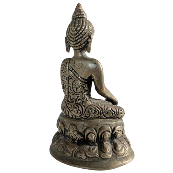 Statua di Buddha in Ottone Antico (10cm) - Bhumisparsha Mudra & Svastica - Nepal – Sculture, Brass (photo 4 of 10)