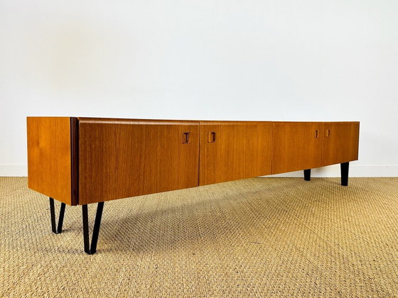 Image 1 of Low Scandinavian teak sideboard with metal compass legs, 1960