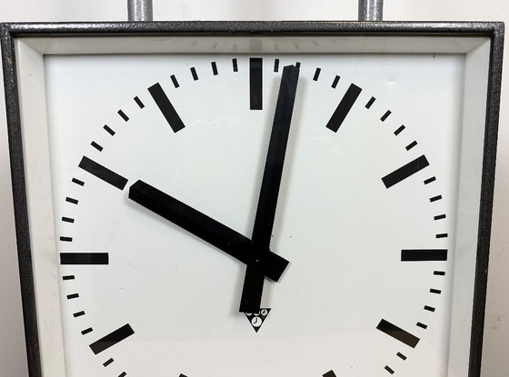 Image 1 of Grote industriële vierkante plafondklok met twee zijden van Pragotron, jaren 70