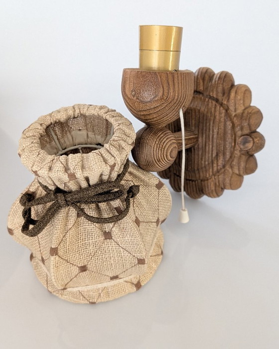 Image 1 of Carved Pine Wall Sconces with Jute Shades, Swedish Design, 1970s