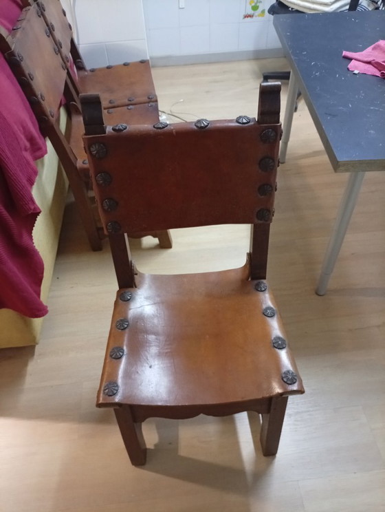 3 rustikale Esszimmerstühle – Leder, Metall (photo 9 of 11)