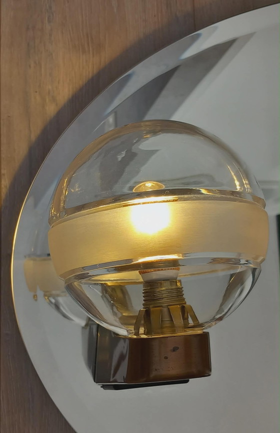 Image 1 of Mid Century Crystal-Cut Bathroom Mirror with 2 spherical glass lights on Solid Brass Fixture T+L Royal Germany
