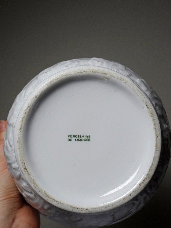 Image 1 of Antiker Limoges-Porzellan-Übertopf mit Reliefdekor aus Blattwerk
