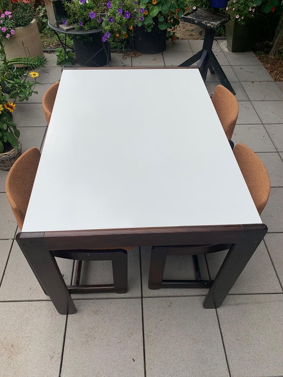 Image 1 of Wengé eetkamer nieuw gestoffeerd tafel met origineel formica blad.