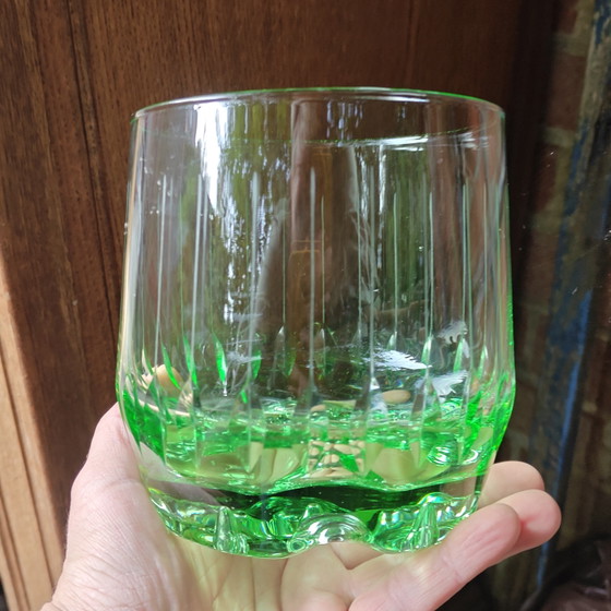 Image 1 of Ensemble de bar vintage en verre vert style milieu du siècle : 4 verres et un seau à glace