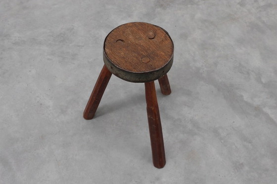 Image 1 of Brutalist French solid oak tripod stool with metal rim, 1850s