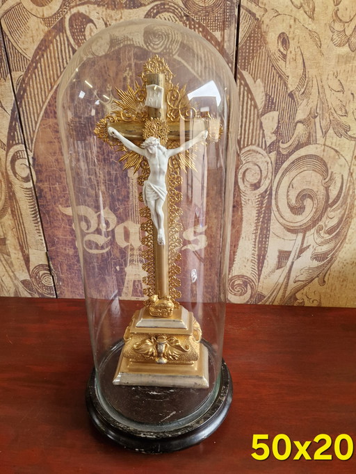 Antique bell jar with crucifix 50x20