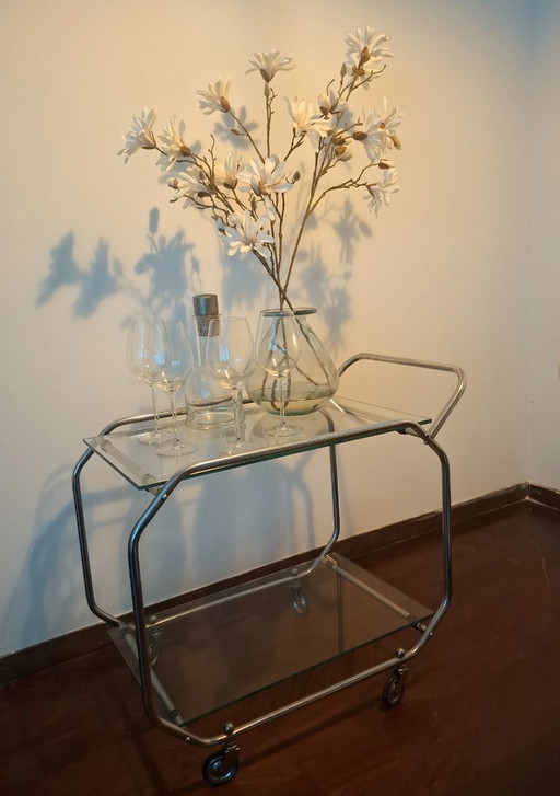 Vintage chromen serveerwagen / barcart – jaren '50/'60 – glas & chroom