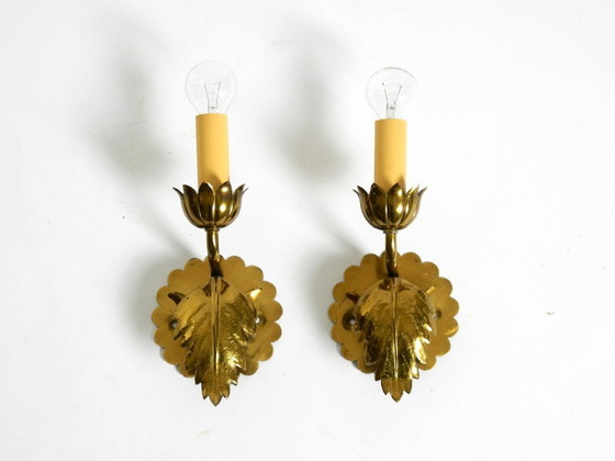 Image 1 of Two beautiful original Mid Century Modern floral wall lamps made of brass with high-quality lampshades