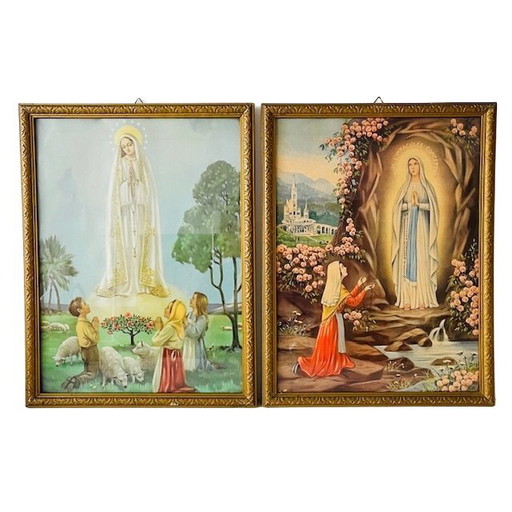 Set vintage religieuze lithografieën schilderijen Maria Lourdes 1940's