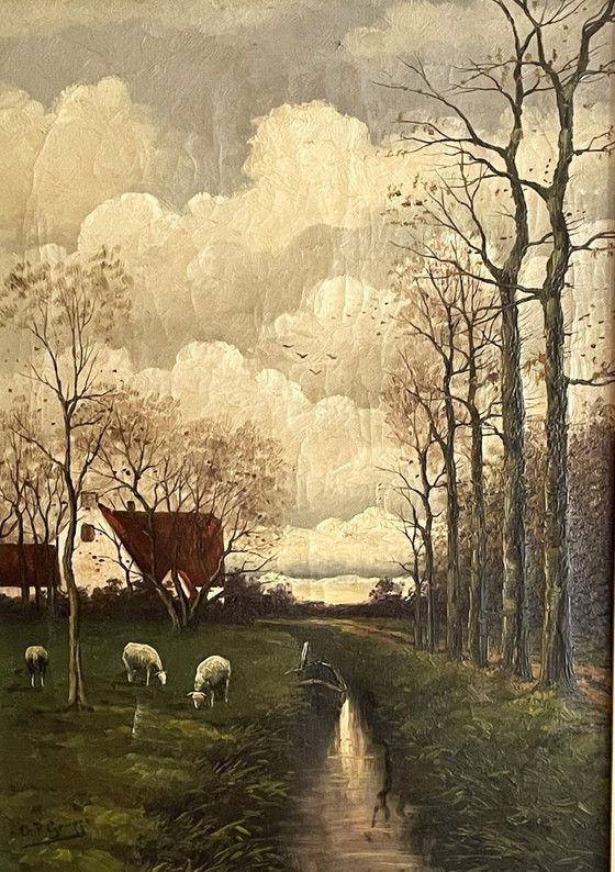 Landscape oil painting with sheep and house, Paintings & Drawings, Canvas, Wood, Green, Realisme (photo 2 of 6)