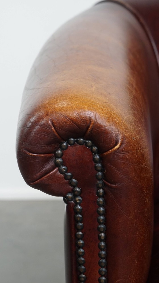 Image 1 of Sedia club in pelle di vacchetta in stile inglese con cuscino di seduta fisso