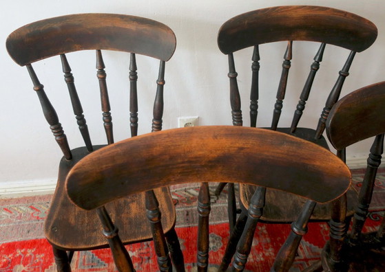 Image 1 of Antieke set van 4 gepatineerde eikenhouten eetkamerstoelen in boerderijstijl, 19e eeuw