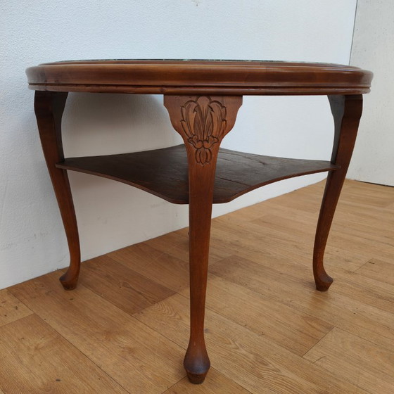 Image 1 of Vintage round wooden coffee table with onyx marble top