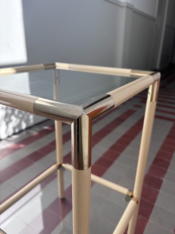 Image 1 of Vintage 1970s Italian Hollywood Regency Side Table by Banci Firenze – Cream & Brass Two-Tier Glass End Table