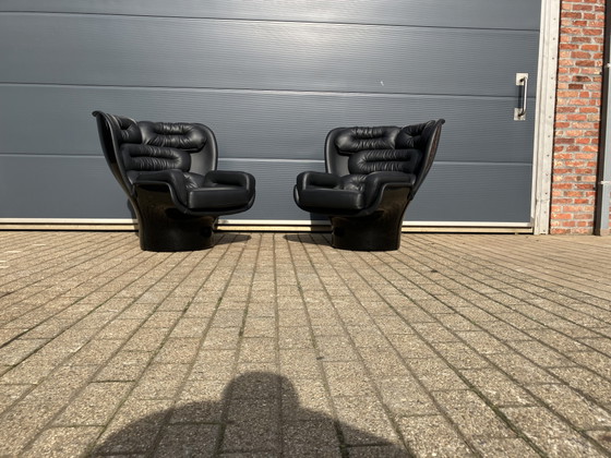 Image 1 of 2x Joe Colombo Elda Stuhl, schwarzes Leder, schwarzes Fiberglas