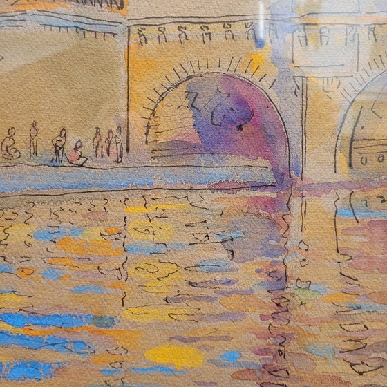 Image 1 of Aquarelle sur papier « Pont Marie, Paris », post-impressionnisme, signée Gilis, 1962 - France