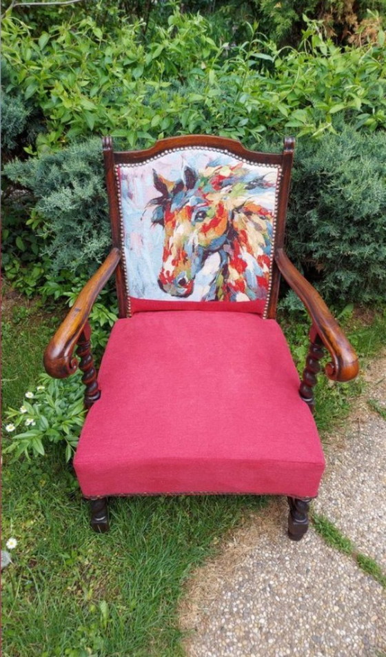 Image 1 of Refurbished Colonial-Style Armchair with Horse Tapestry