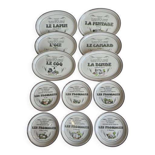 Set of 12 Gien “Farmer’s Adventures” Plates – Cheese & Farm – tafelwaar, Ceramic