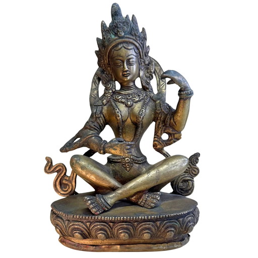 Saraswati tibetana antigua – Principios del siglo XX (aprox. 1920) – Bronce macizo dorado – 20,7 cm / 1,8 kg