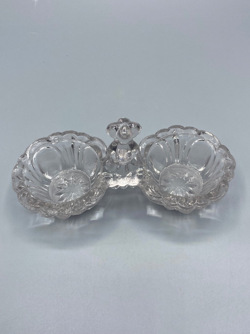 Dubbele, transparante zoutvaat van geperst glas – met berenhandvat – Art Deco, Frankrijk, circa (photo 2 of 3)