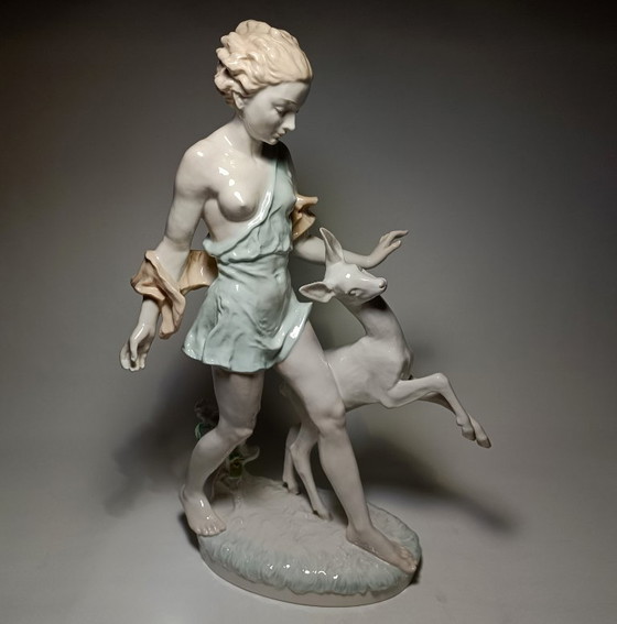 Hutschenreuther - Semi-nude Lady and Deer - 52,5cm - Porcelain, Sculpture, Creme (photo 9 of 22)