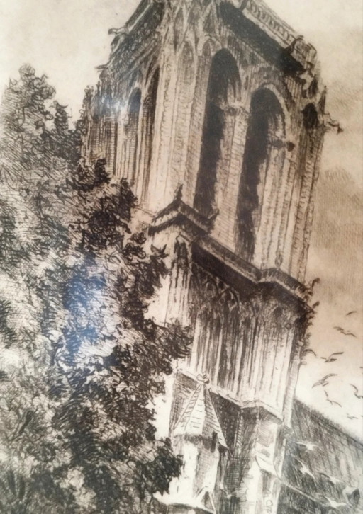 Eau-forte Originale d'Aimé Edmond Dallemagne, Intitulée Notre-Dame de Paris et le Pont au Double (photo 2 of 13)