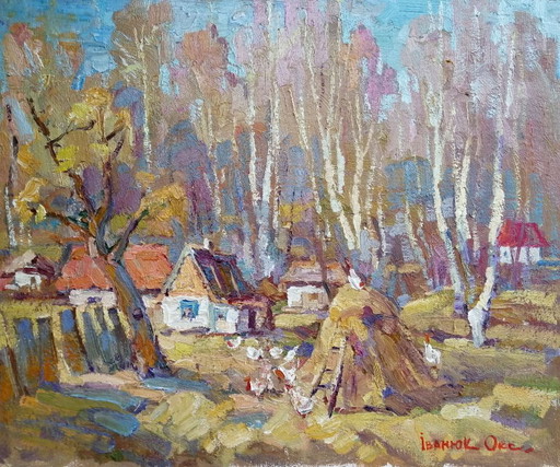 Peinture à l'Huile Originale Paysage Rural Automne Vie de Village Campagne Jour