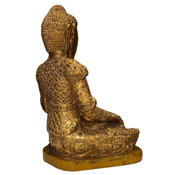 Estatua antigua de Buda Mandalay birmano – Madera dorada con decoración de vidrio – Myanmar c. 1880–1920 (photo 4 of 9)