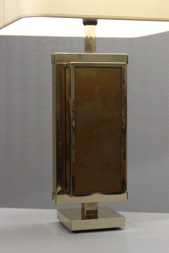 Image 1 of Philippe Cheverny - Grote messing lampvoet met omgekeerd beschilderd glas, Frankrijk, jaren 70