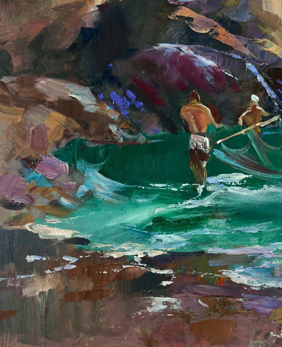 Image 1 of Original Oil Painting Evening Coastal Landscape Fishermen pull their nets into the sea