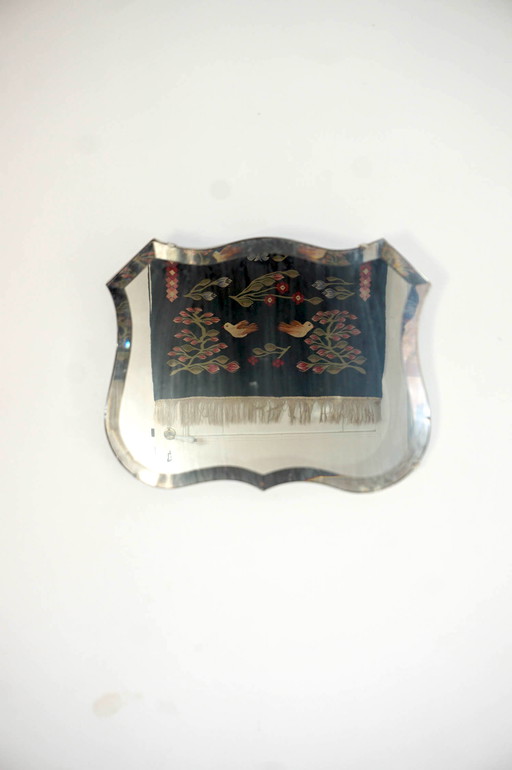 Vintage French Faceted Mirror * Scalloped Wall Mirror * 1930s Art Deco * Beveled Glass Shield Mirror * Antique Vanity Mirror