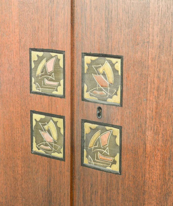 Image 1 of Mid-Century Louis van Teeffelen Design Teak Wooden High Sideboard for Webe with Ceramic Ravelli Tiles. The Netherlands, 1960s