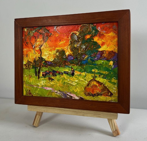 Original Oil Painting Evening Field Landscape The summer sky is burning