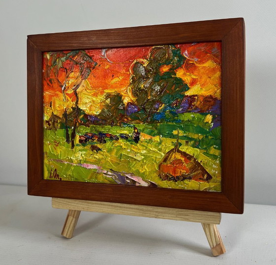 Image 1 of Original Oil Painting Evening Field Landscape The summer sky is burning