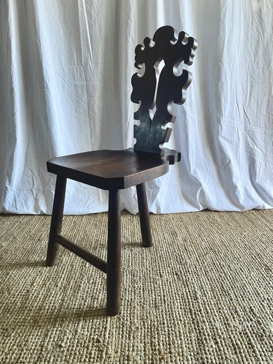 Image 1 of Vintage Brutalist Carved Tripod Stool