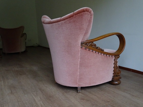 Image 1 of ⚠️ 2 sur 4 encore disponibles | Fauteuils club Art déco (env. 1920-1950) | Velours rose poudré | Chêne sculpté
