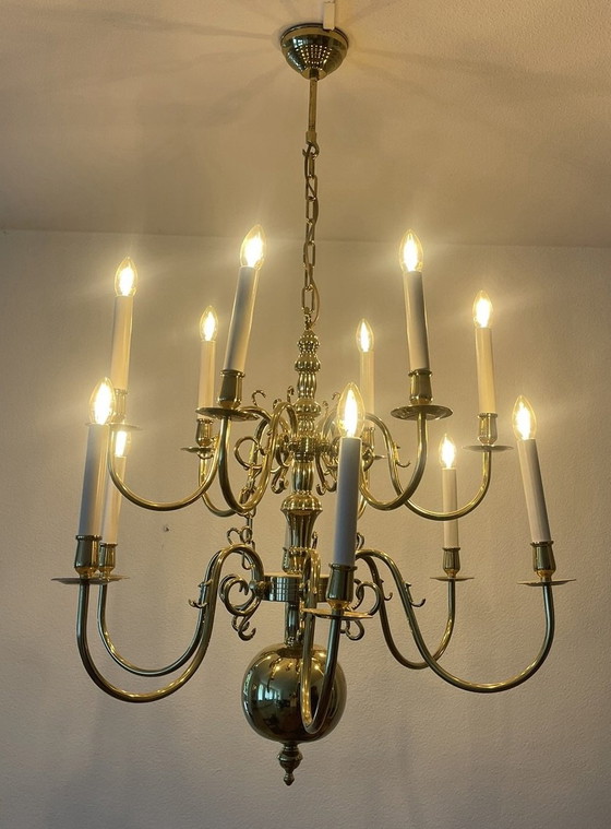 Luxury Solid Copper Old Dutch Chandelier, Model ‘Verdi’ (12-light), Brass, Gold (photo 2 of 5)